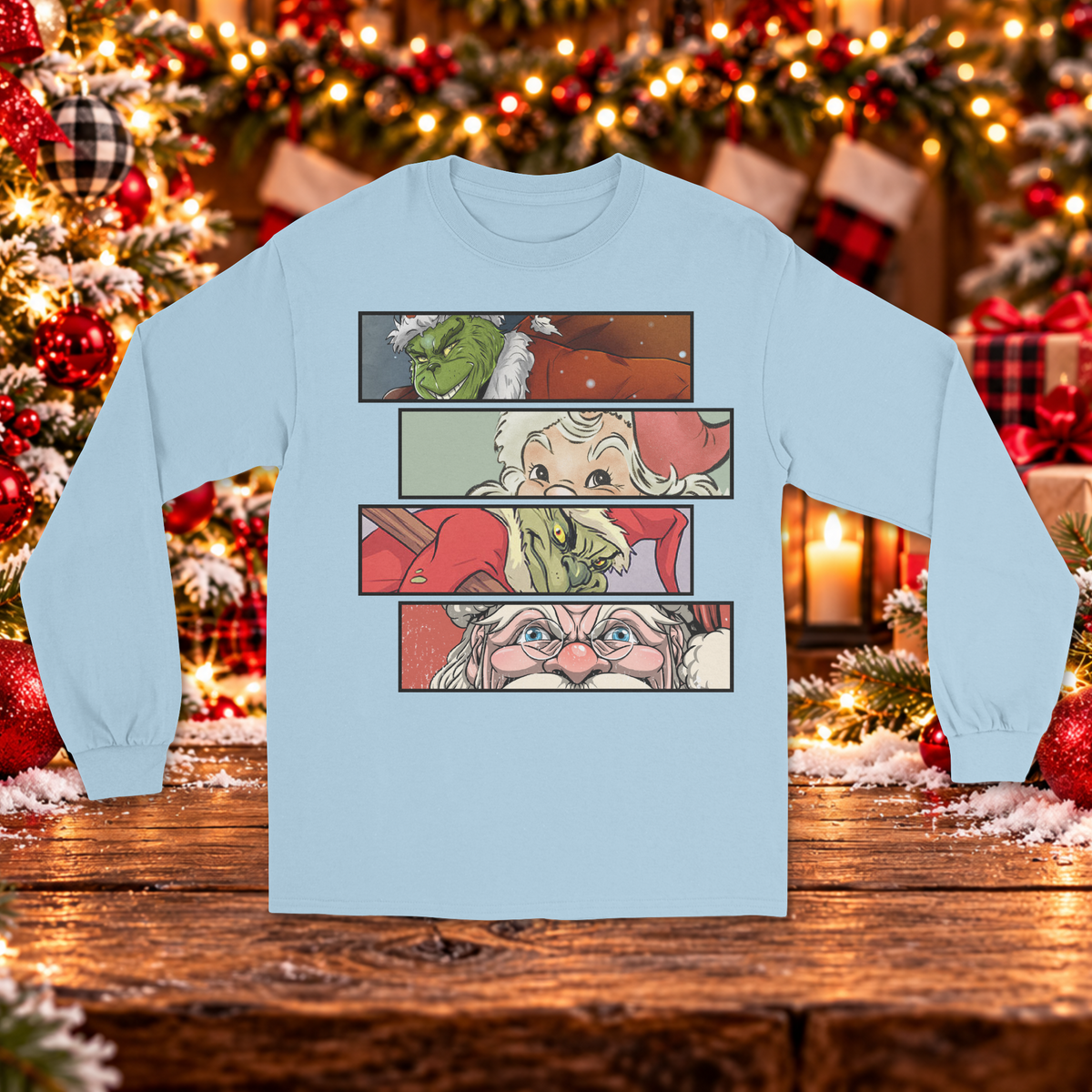 Christmas Mischief vs. Santa Comic Strip Long Sleeve Sweater – Holiday Character Graphic