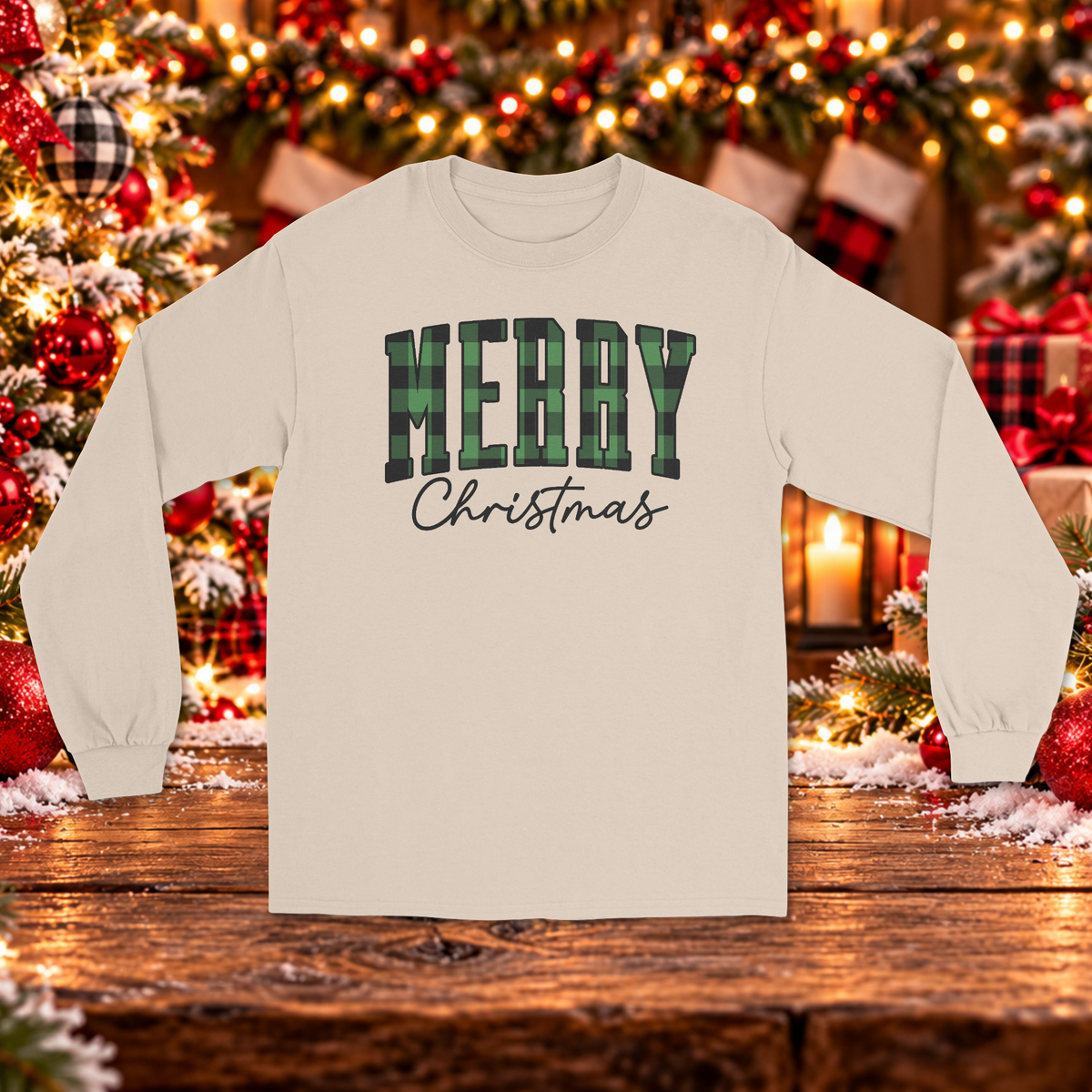 Green Buffalo Plaid Merry Christmas Long Sleeve Sweater– Festive Holiday Graphic Sweater