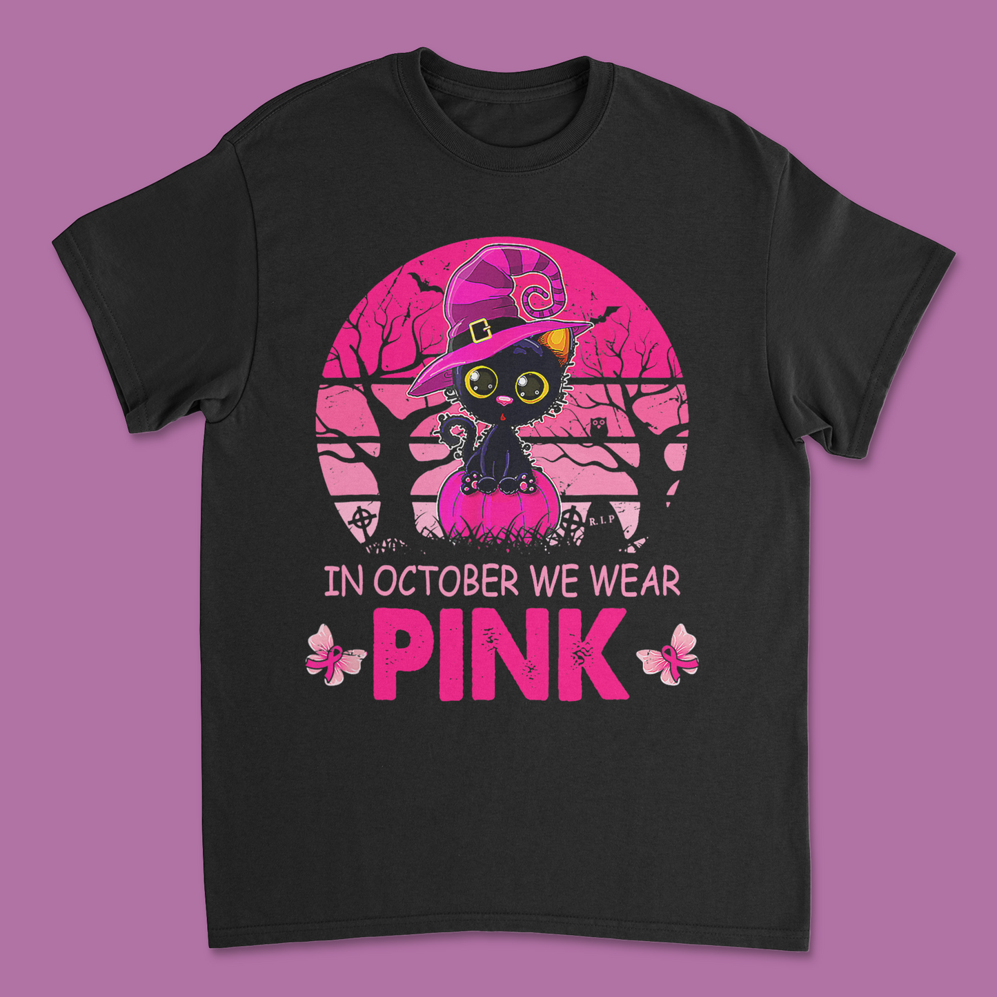 October Pink Witch Cat Breast Cancer Awareness T-Shirt