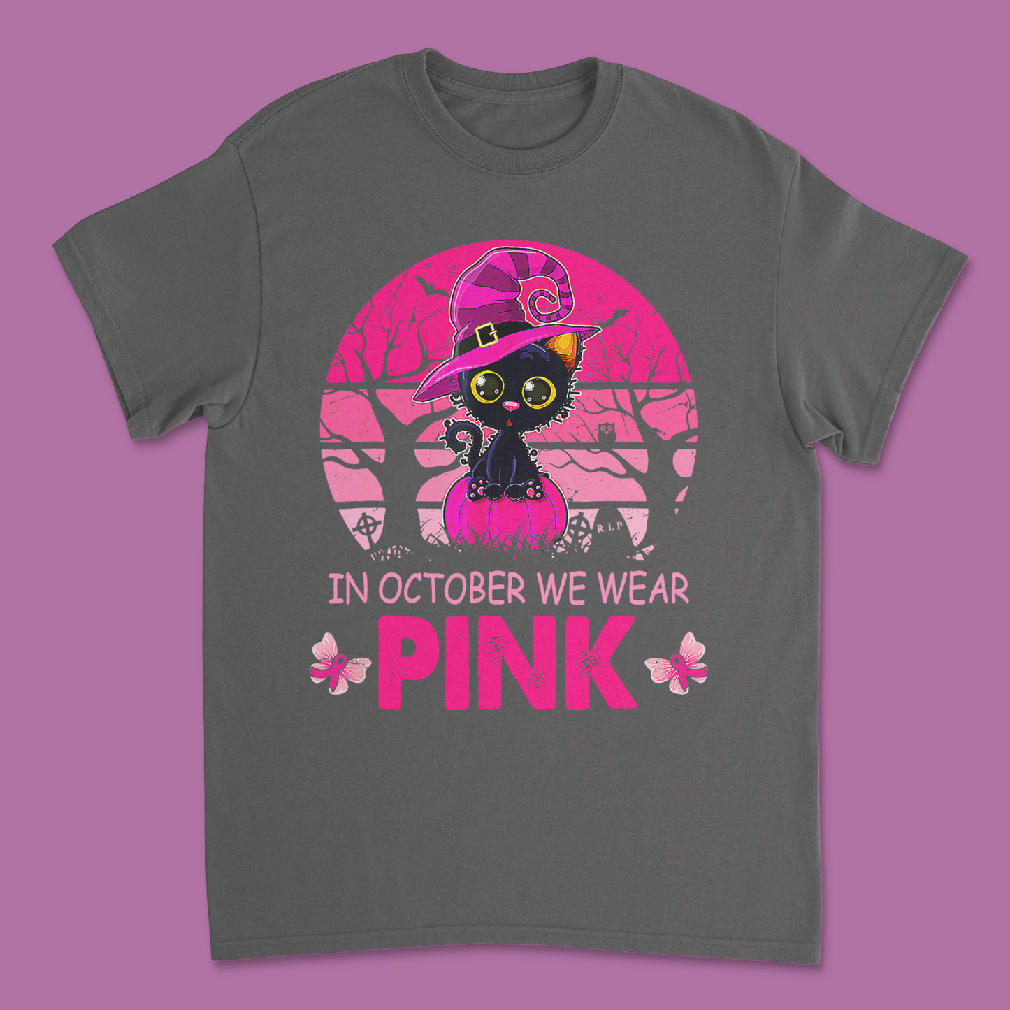 October Pink Witch Cat Breast Cancer Awareness T-Shirt