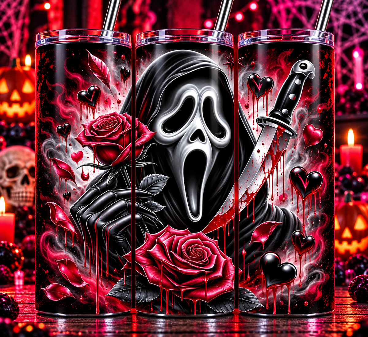 Ghostface Gothic Romance 20 oz Tumbler – Red Roses and Horror Hearts Cup