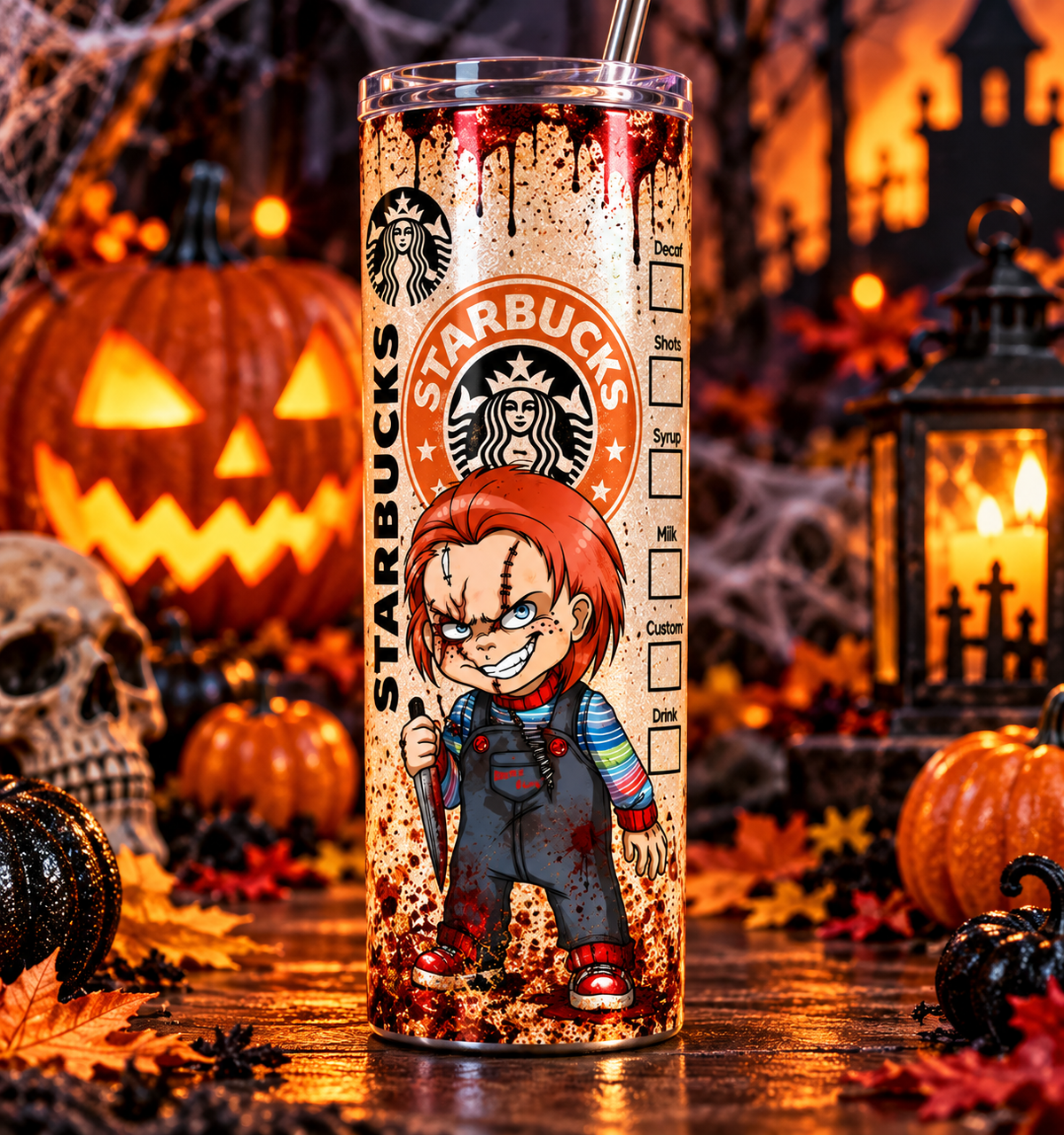 Chucky Horror Coffee 20 oz Skinny Tumbler – Creepy Doll Halloween Cup