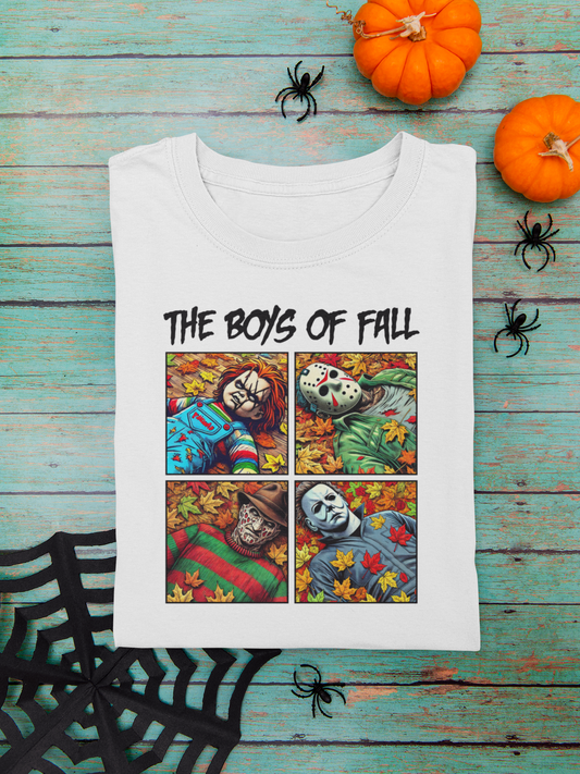 The Boys of Fall' Horror Icons Halloween T-Shirt – Michael Myers, Freddy, Jason & Chucky Graphic Tee"